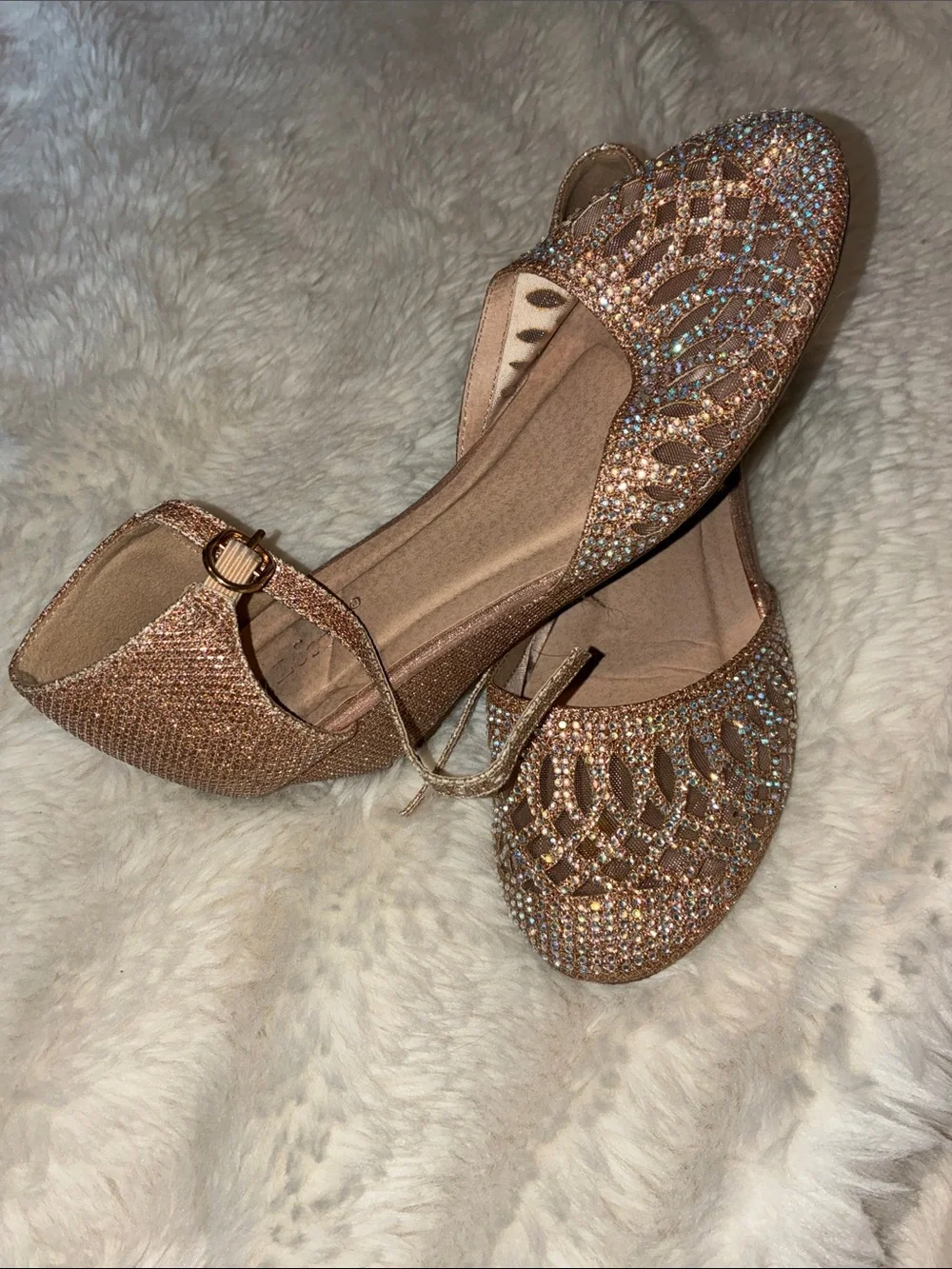 Rose Gold Glitter Rhinestone D'Orsay Flats with Ankle Straps